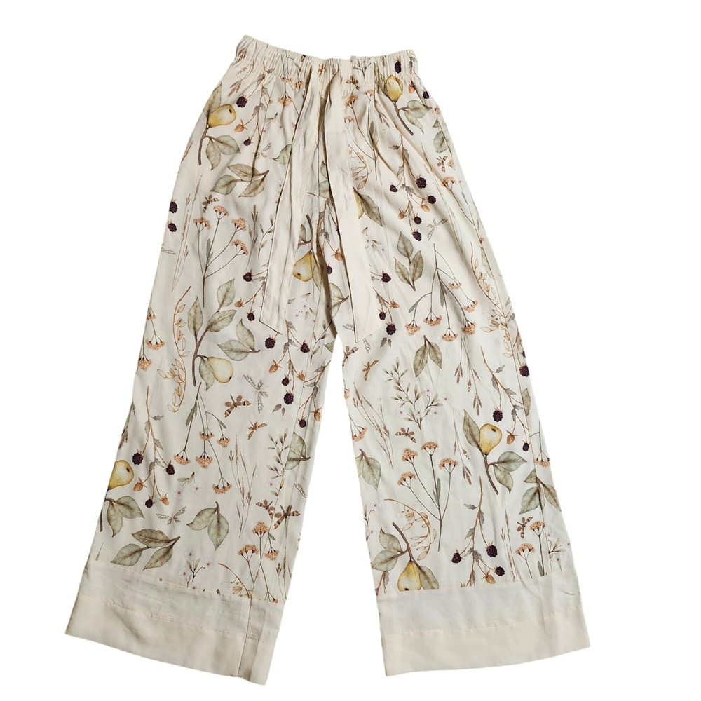 HM Botanical Pear Blackberry Print Wide Leg Modal Pants Cream XS 1290779-2